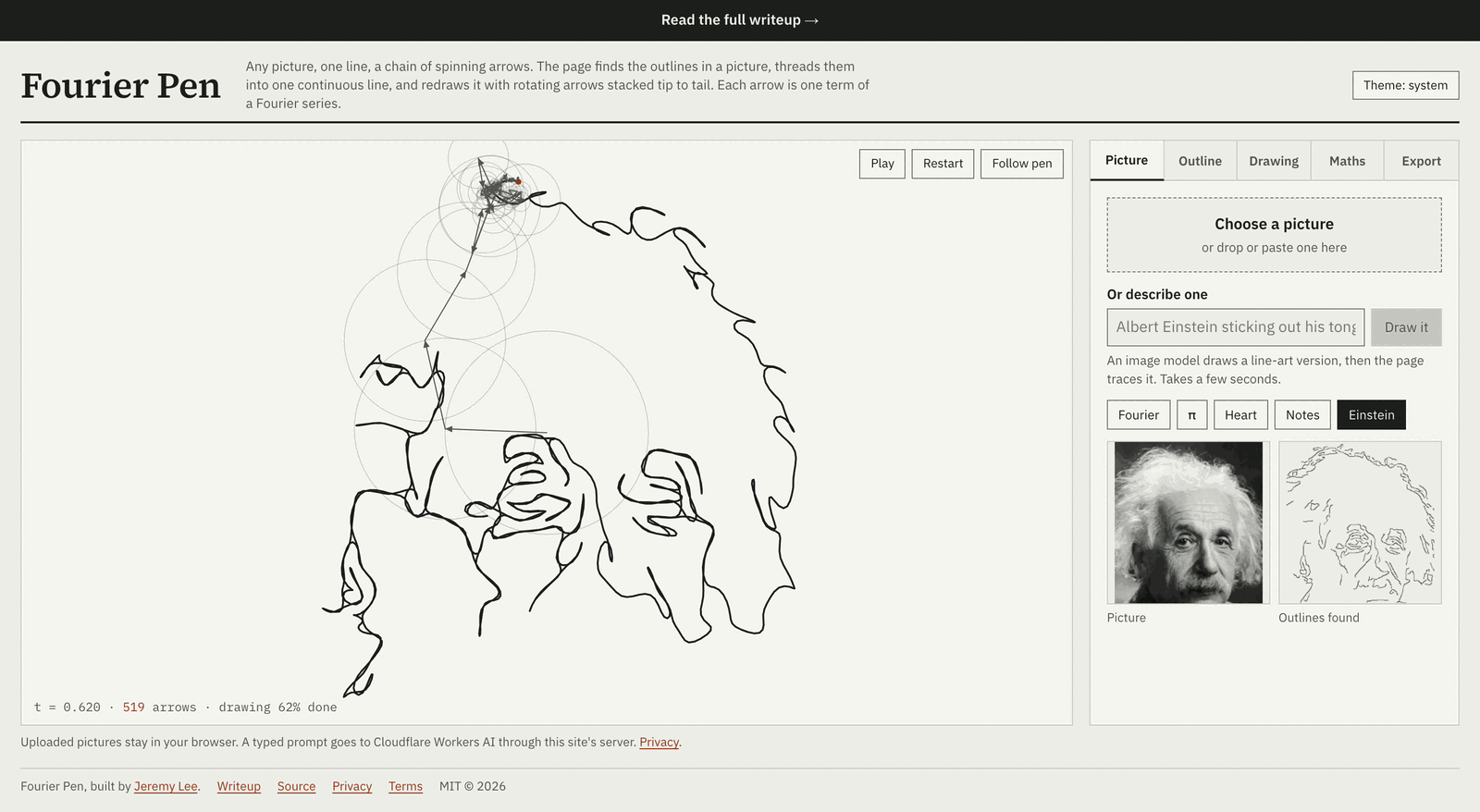 The whole Fourier Pen page at 1440 by 790 pixels: the Einstein drawing in progress on the left stage with Play, Restart and Follow pen buttons, and the tabbed panel on the right showing the Picture tab with the drop zone, prompt field, example chips and two previews. Nothing is cut off and there is no scrollbar.