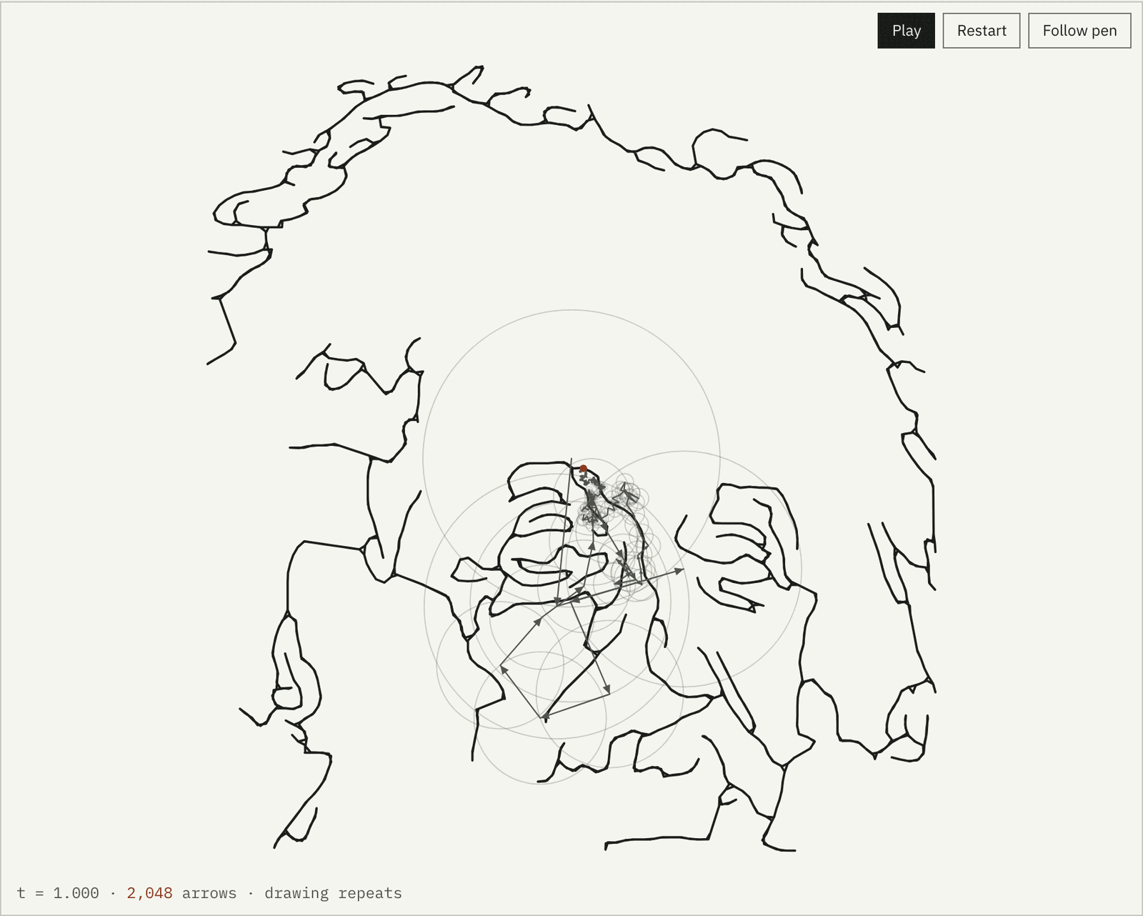The finished drawing with all 2,048 arrows: a sharp single-line portrait reproducing the traced outlines exactly.