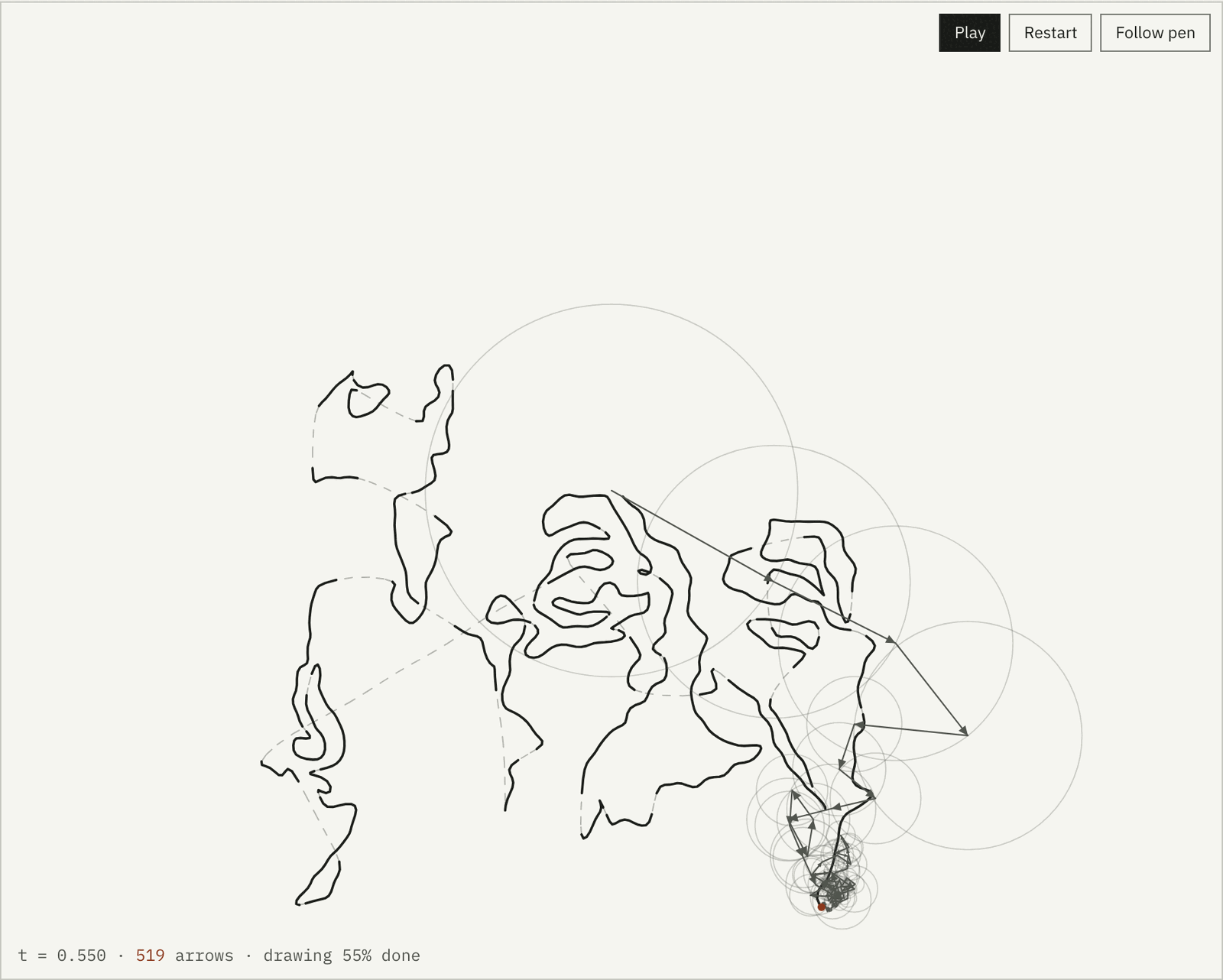 Hop mode halfway through the Einstein drawing: the traced strokes with faint dashed straight lines cutting across the face between them.