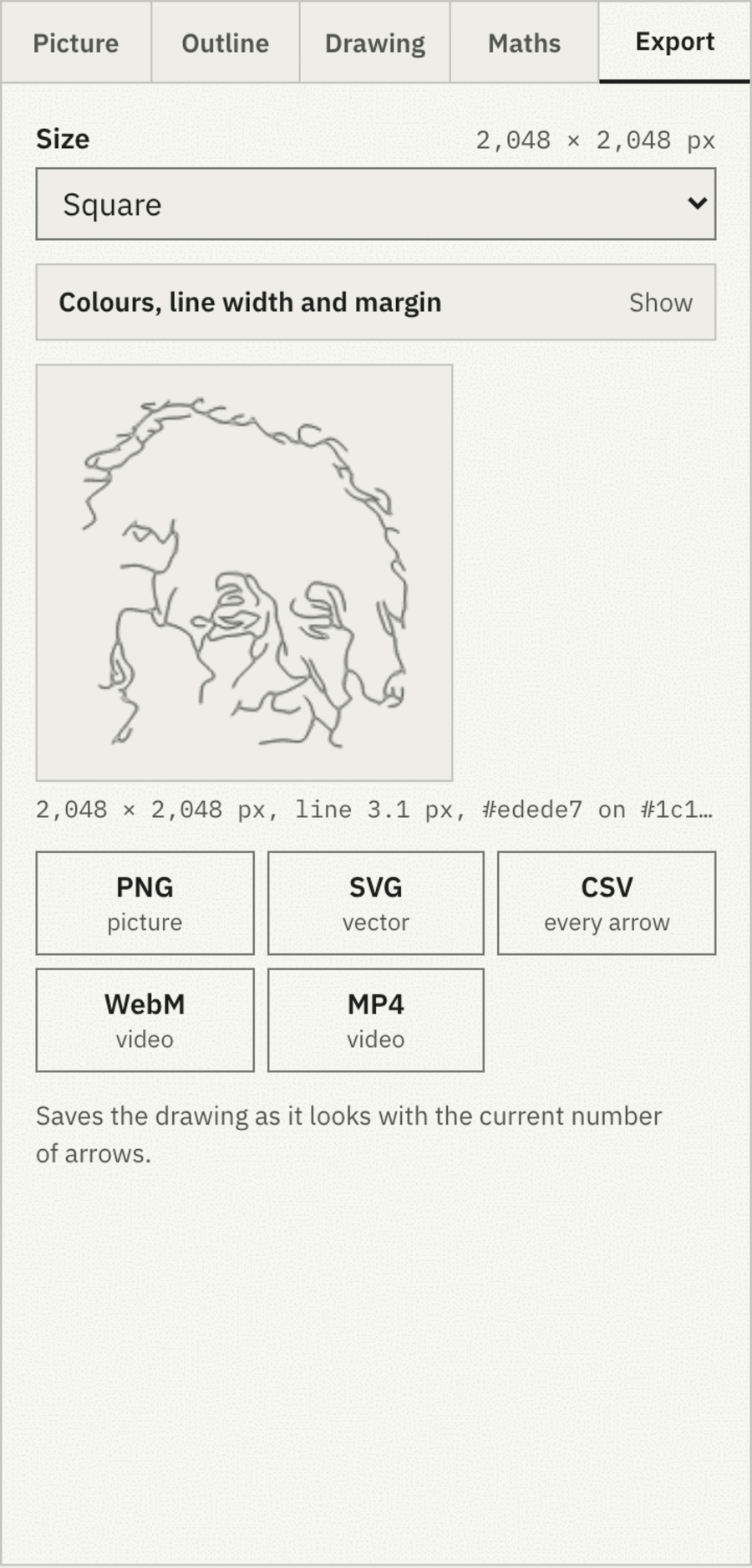 The Export tab of the panel: a size preset select reading Square 2,048 by 2,048, a closed disclosure for colours, line width and margin, a square preview of the Einstein drawing with a mono caption, and buttons for PNG, SVG, CSV, WebM and MP4.