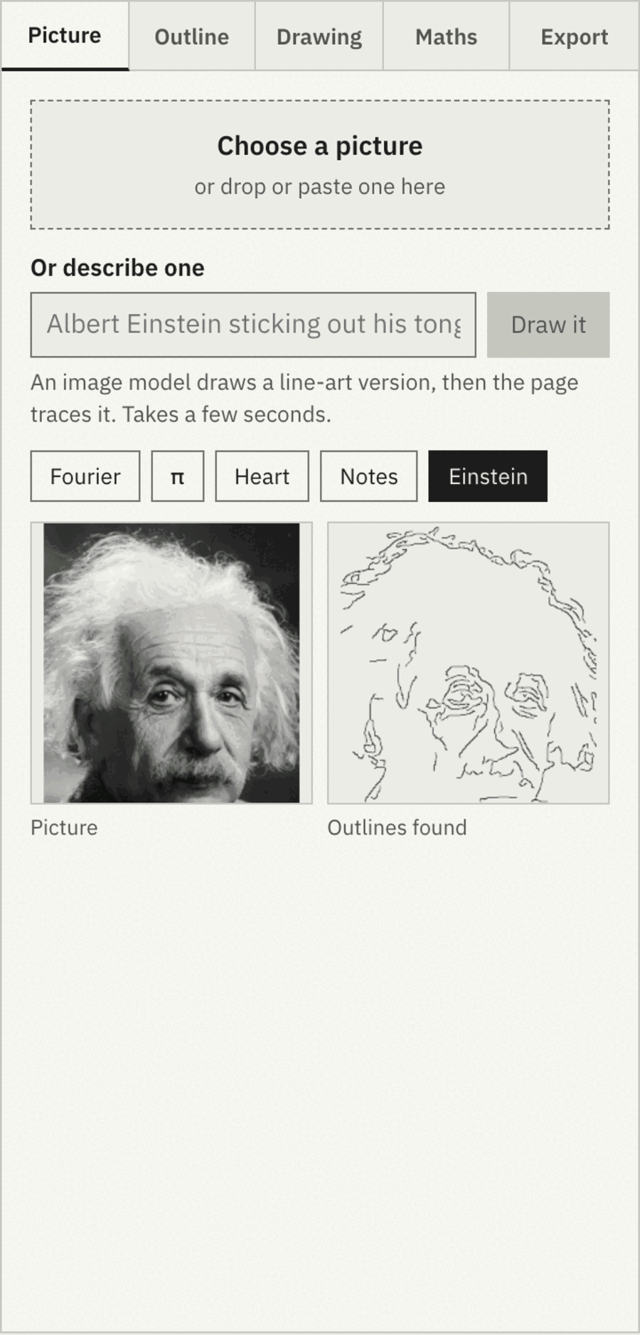 The Picture tab of the panel under a five-tab strip: a dashed drop zone, a text field with the placeholder Albert Einstein sticking out his tongue and a Draw it button, five example chips, and two previews showing the Einstein photograph and its detected outlines.